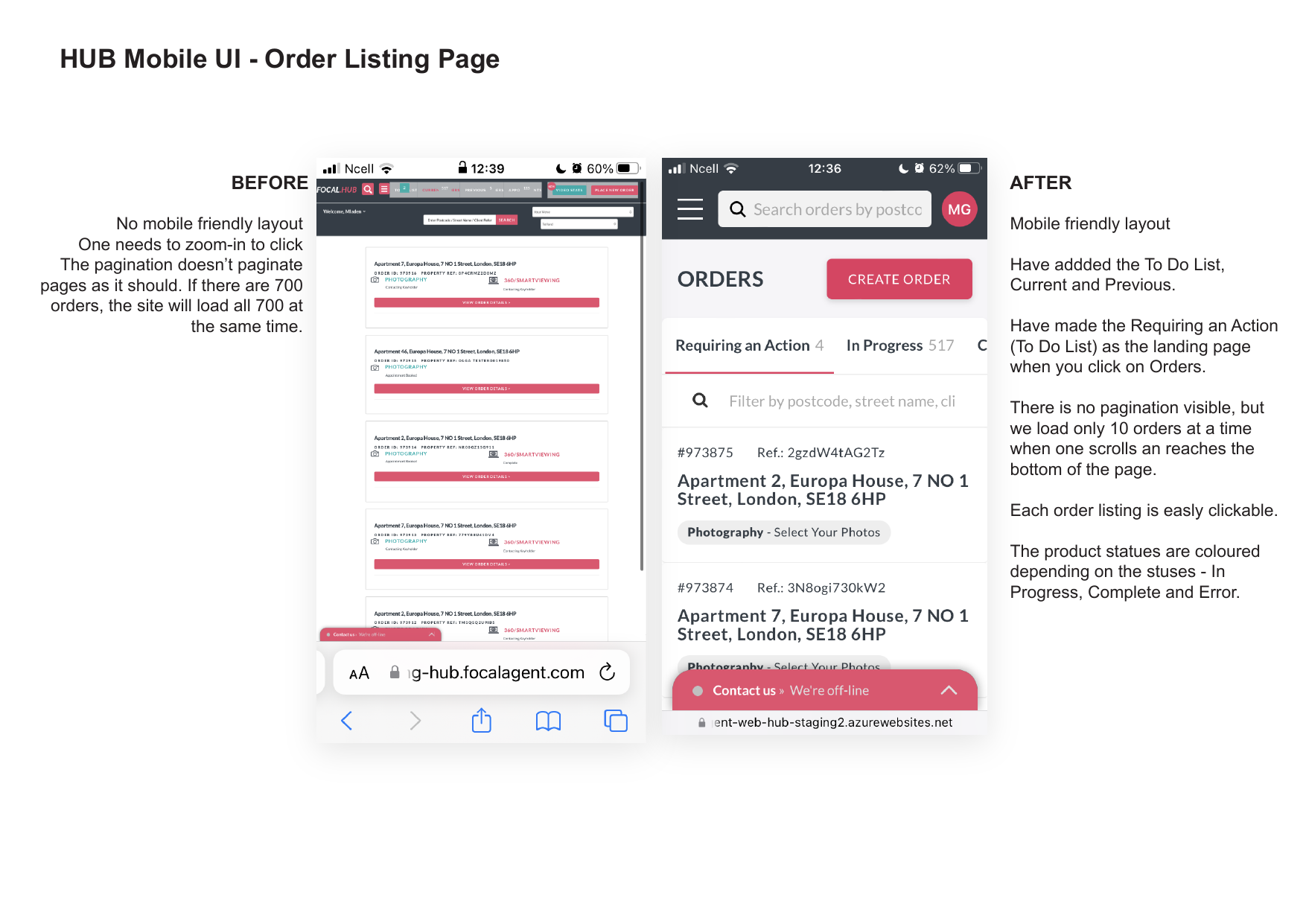 Before and After: Order listing page on mobile