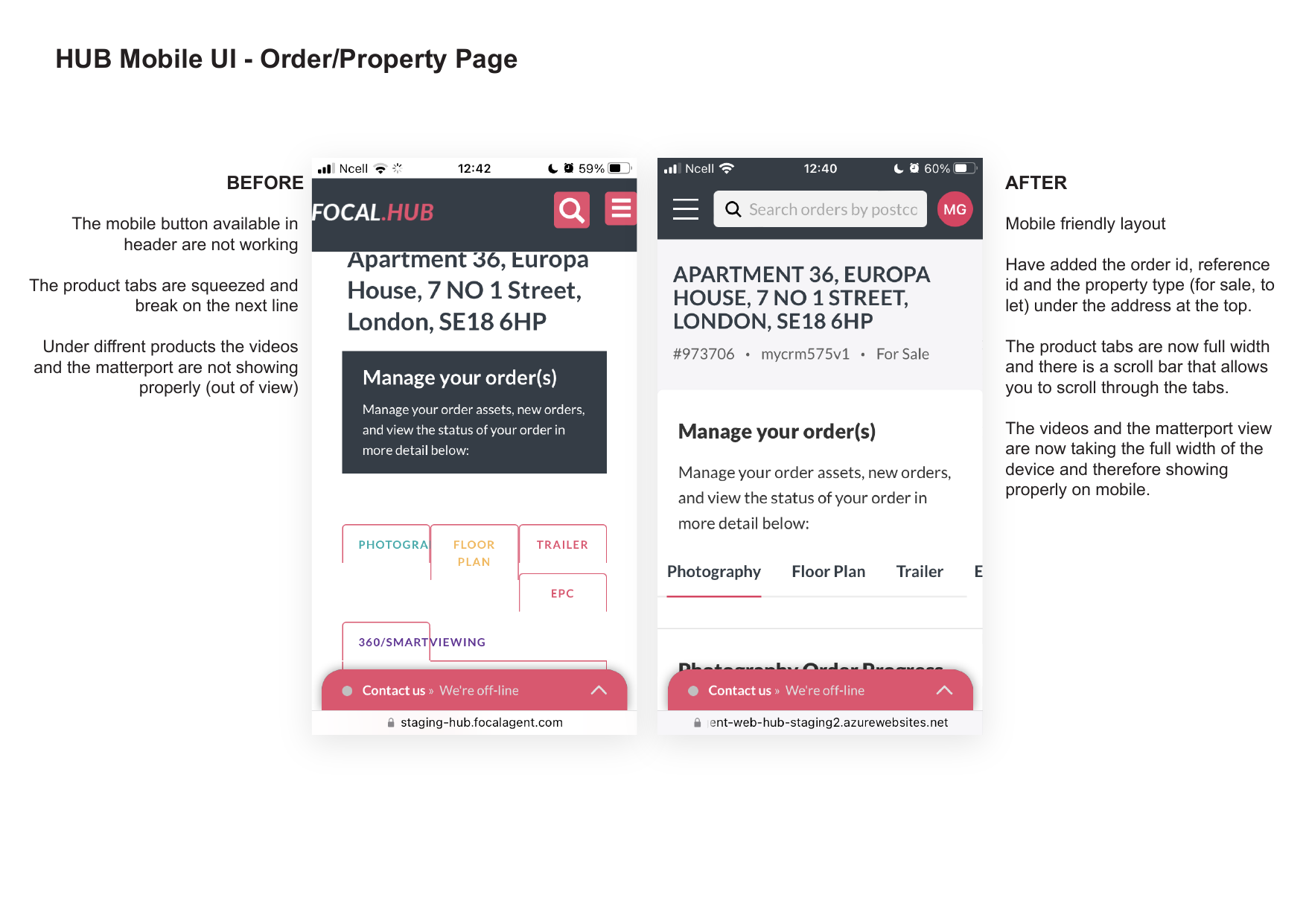 Before and After: Order detail page on mobile