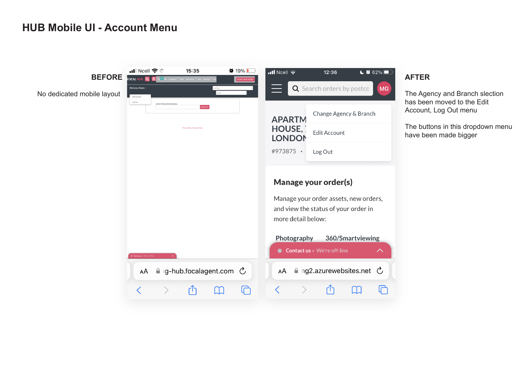 Before and After: Account menu on mobile