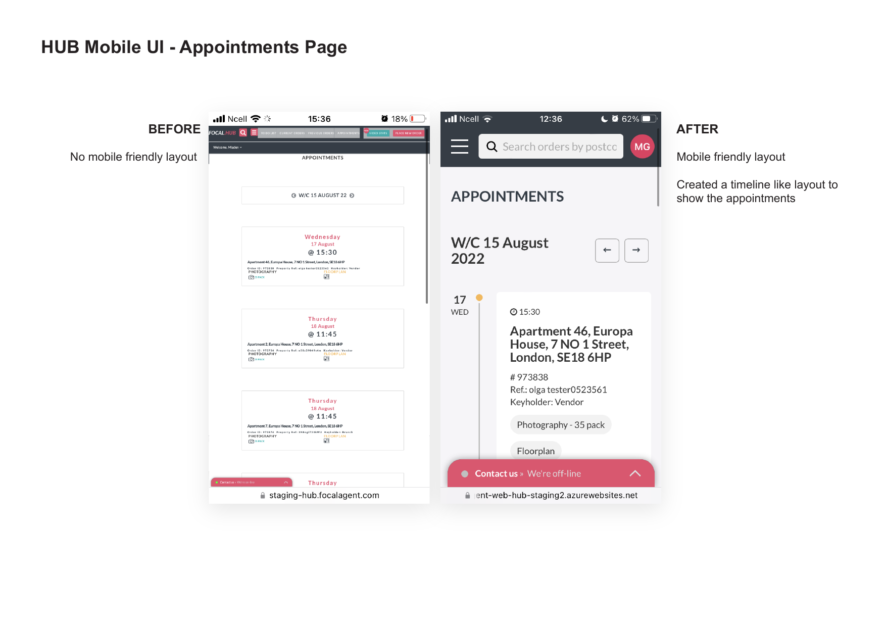 Before and After: Appointments page on mobile
